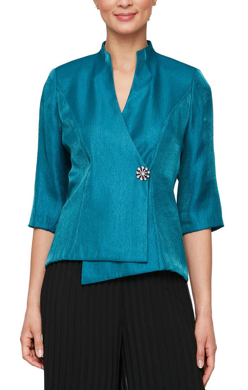 Petite 3/4 Sleeve Shimmer Satin Blouse with Asymmetric Overlay Hem and Embellished Closure - alexevenings.com