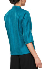 Petite 3/4 Sleeve Shimmer Satin Blouse with Asymmetric Overlay Hem and Embellished Closure - alexevenings.com