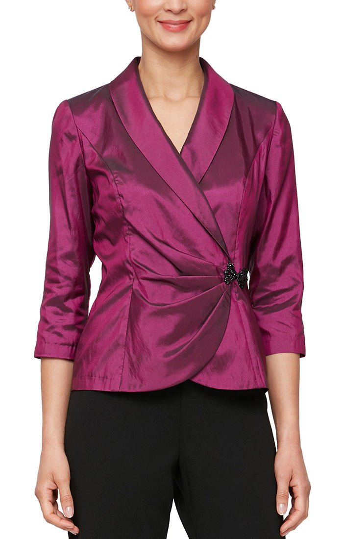 Petite 3/4 Sleeve Taffeta Blouse with Collar & Decorative Side Closure - alexevenings.com