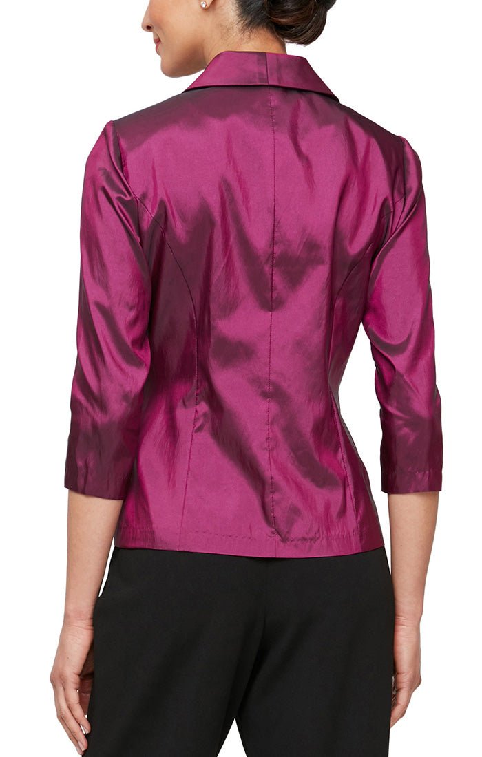 Petite 3/4 Sleeve Taffeta Blouse with Collar & Decorative Side Closure - alexevenings.com