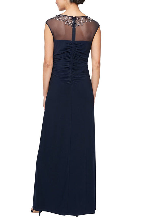 Petite Cap Sleeve Jersey Gown with Beaded Illusion Neckline and Cascade Detail Skirt - alexevenings.com