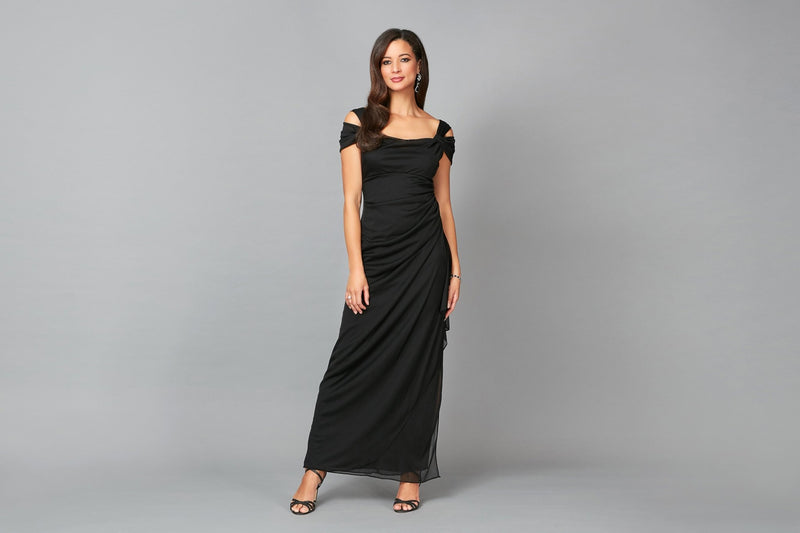 Petite Cold Shoulder Mesh Gown with Cowl Neckline & Overlay Skirt - alexevenings.com