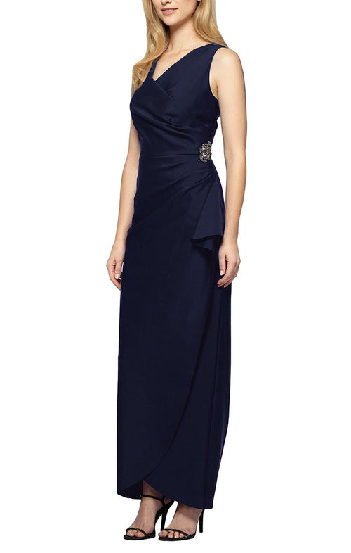 Petite Compression Long Sleeveless Sheath Gown with Surplice Neckline, Cascade Detail Skirt and Beaded Detail at Hip - alexevenings.com