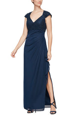Petite Long Cap Sleeve Empire Waist Dress With Cording Detail and Cascade Skirt - alexevenings.com