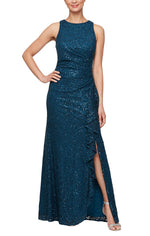 Petite Long Sleeveless Lace Dress with Cascade Ruffle Front Slit Detail - alexevenings.com