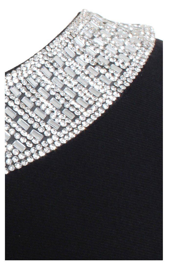 Petite Long Sleeveless Matte Jersey Dress with Embellishment Detail at Neckline & Front Slit - alexevenings.com