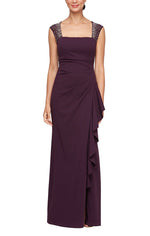 Petite Long Sleeveless Square Neck Crepe Gown with Heatset Illusion Neckline & Cascade Ruffle Skirt - alexevenings.com