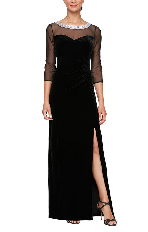 Petite Long Velvet 3/4 Sleeve Side Ruched Dress with Embellished Neckline - alexevenings.com