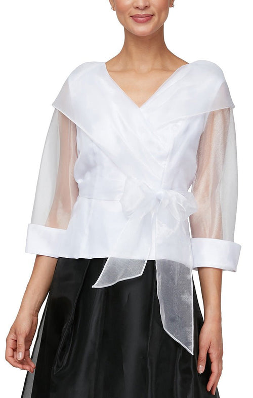 Petite Portrait Collar Organza Blouse with Illusion Sleeves and Tie Belt - alexevenings.com