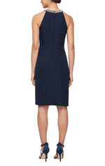 Petite Short Halter Neck Sheath Dress with Beaded Neckline & Cascade Ruffle - alexevenings.com