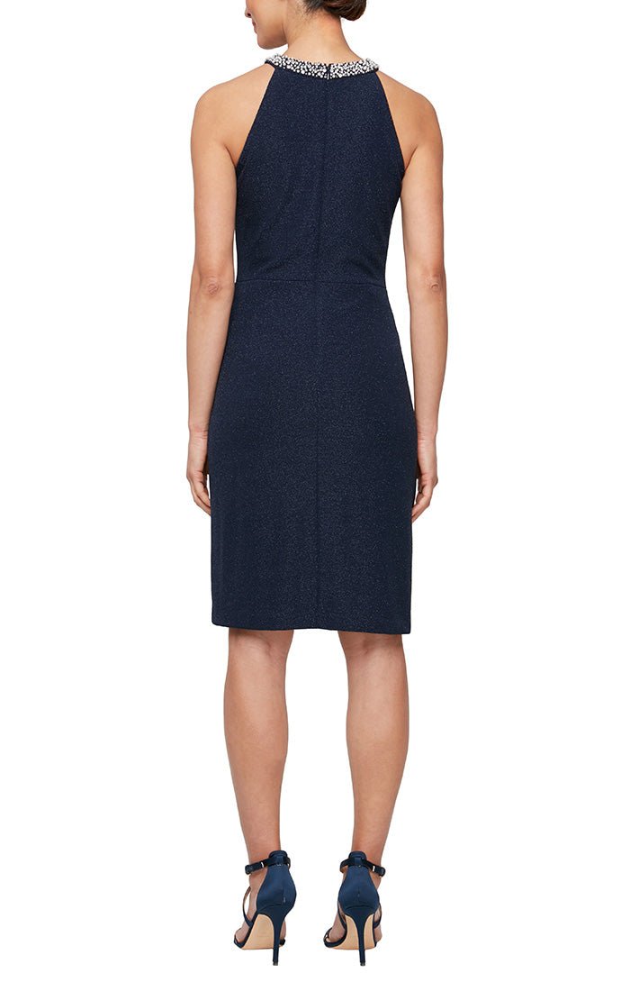 Petite Short Halter Neck Sheath Dress with Beaded Neckline & Cascade Ruffle - alexevenings.com