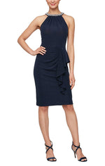 Petite Short Halter Neck Sheath Dress with Beaded Neckline & Cascade Ruffle - alexevenings.com