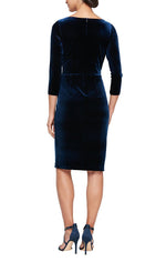 Petite Short Velvet Sheath Dress with Surplice Neckline, Cascade Skirt and Embellishment Detail at Hip - alexevenings.com