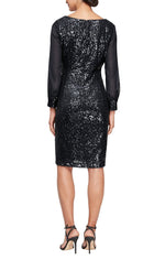 Petite Square Neck Sheath Dress with Long Illusion Sleeves - alexevenings.com