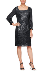 Petite Square Neck Sheath Dress with Long Illusion Sleeves - alexevenings.com