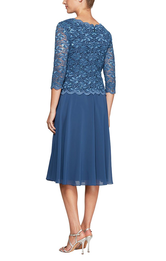 Petite Tea - Length Dress with Sequin Lace Bodice & Chiffon Skirt - alexevenings.com