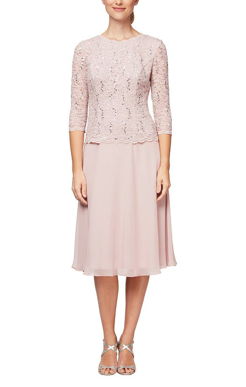 Petite Tea - Length Dress with Sequin Lace Bodice & Chiffon Skirt - alexevenings.com