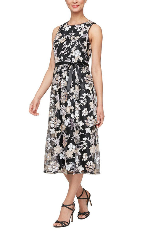 Petite Tea Length Embroidered Sleeveless Fit and Flare Dress with Tie Belt - alexevenings.com