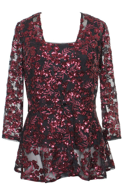 Plus 3/4 Sleeve Embroidered Sequin Twinset with Center Front Closure Peplum Hem Jacket - alexevenings.com