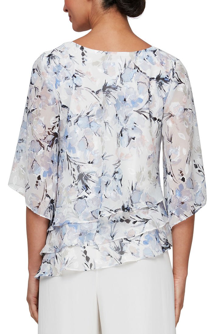 Plus - 3/4 Sleeve Printed Chiffon Asymmetric Triple Tier Hem Blouse - alexevenings.com