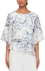 Plus - 3/4 Sleeve Printed Chiffon Asymmetric Triple Tier Hem Blouse - alexevenings.com