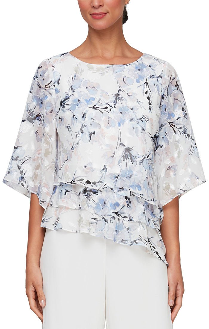 Plus - 3/4 Sleeve Printed Chiffon Asymmetric Triple Tier Hem Blouse - alexevenings.com