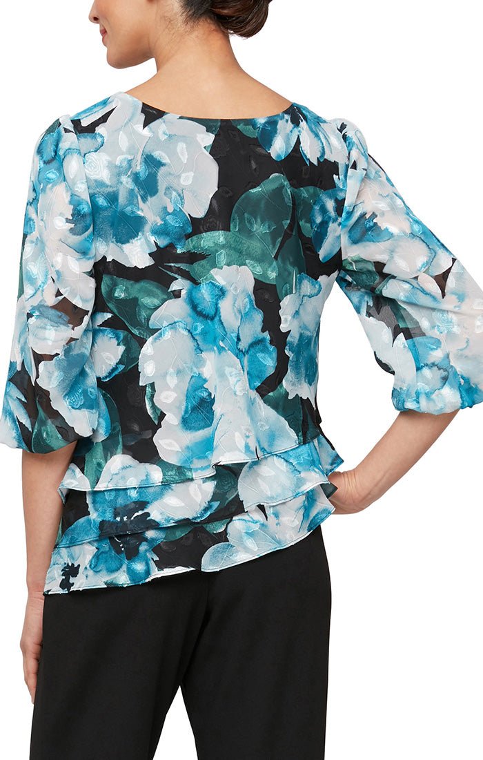 Plus 3/4 Sleeve Printed Chiffon Blouse with Illusion Balloon Hem Sleeve & Asymmetric Triple Tier Hem - alexevenings.com