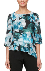 Plus 3/4 Sleeve Printed Chiffon Blouse with Illusion Balloon Hem Sleeve & Asymmetric Triple Tier Hem - alexevenings.com