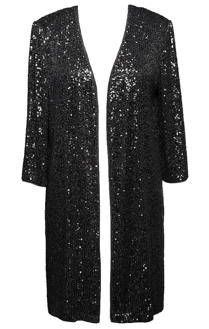 Plus 3/4 Sleeve Sequin Elongated Open Jacket - alexevenings.com