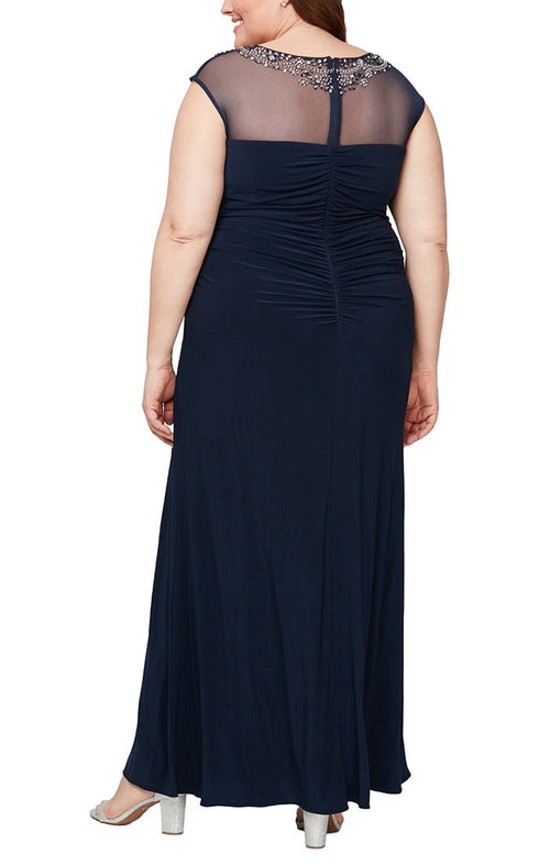 Plus Cap Sleeve Jersey Gown with Beaded Illusion Neckline & Cascade Detail Skirt - alexevenings.com