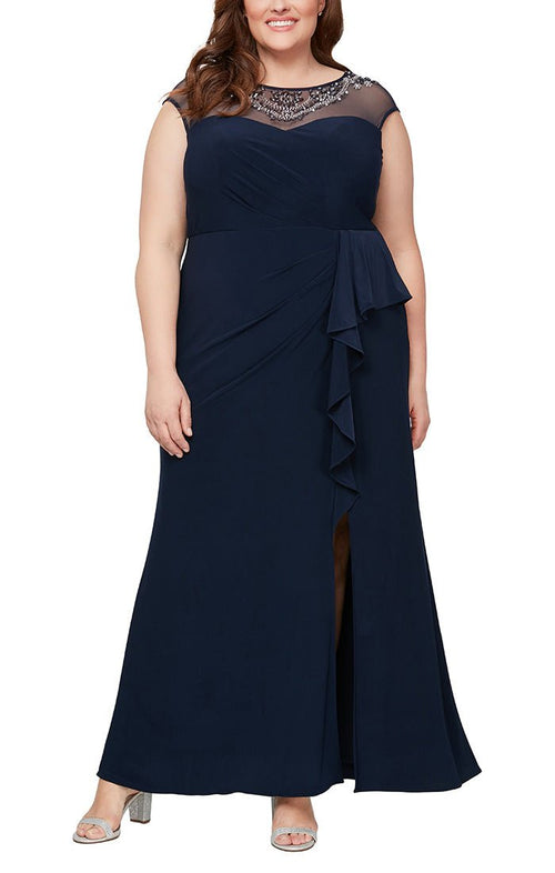 Plus Cap Sleeve Jersey Gown with Beaded Illusion Neckline & Cascade Detail Skirt - alexevenings.com