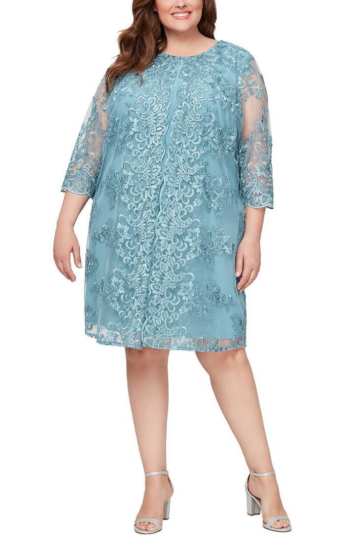 Plus Embroidered Mock Jacket Dress with Attached Jacket & Illusion Sleeves - alexevenings.com