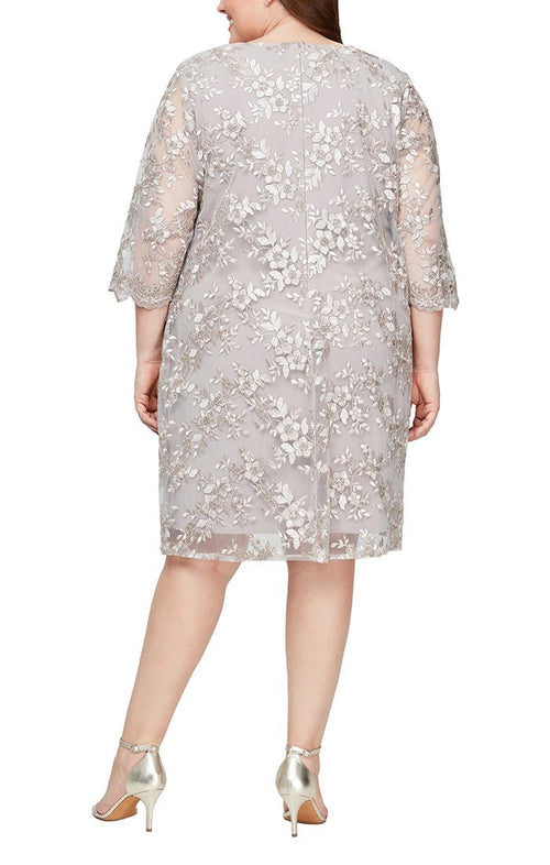 Plus Embroidered Mock Jacket Dress with Illusion Sleeves & Scallop Detail - alexevenings.com