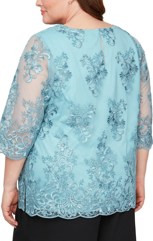 Plus Embroidered Tunic Blouse with Illusion Sleeves & Scallop Detail - alexevenings.com
