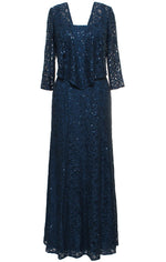 Plus Long A - Line Jacket Dress With Illusion Cascade Jacket and Sequin Detail - alexevenings.com