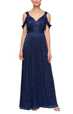 Plus Long Cold Shoulder Dress with Ruched Waist - alexevenings.com