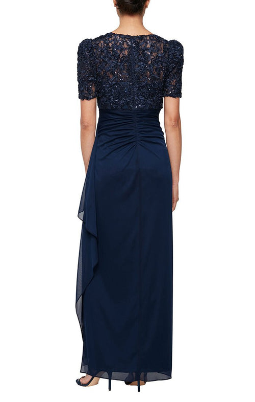 Plus Long Empire Waist Dress with Soutache Bodice, Puff Sleeve Detail & Cascade Ruffle Skirt - alexevenings.com