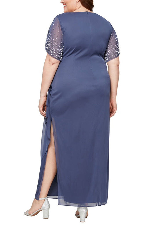 Plus Long Empire Waist Dress with Surplice Neckline & Embellished Flutter Sleeves - alexevenings.com