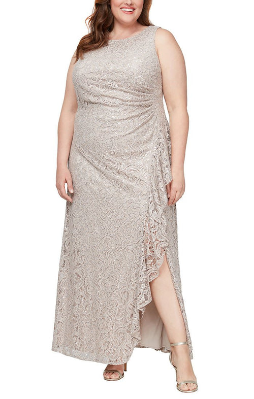 Plus Long Sleeveless Lace Dress with Cascade Ruffle Front Slit Detail - alexevenings.com