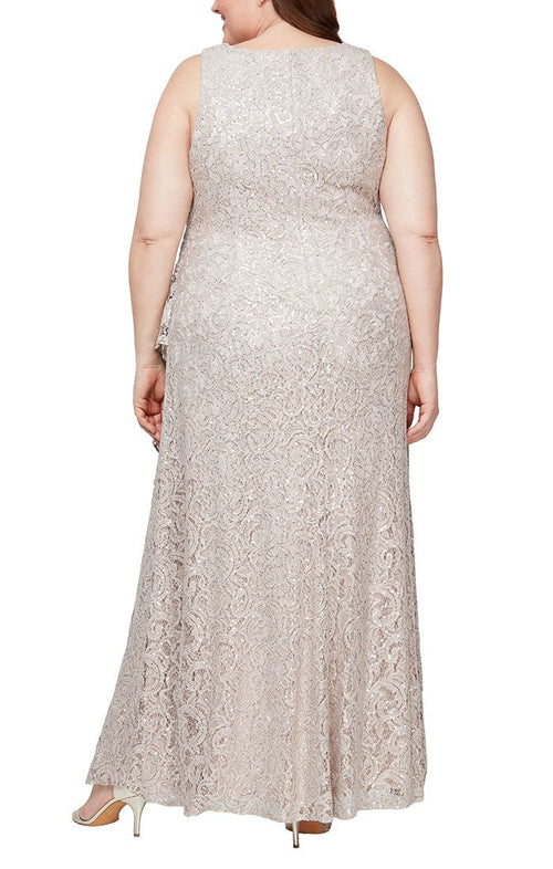 Plus Long Sleeveless Lace Dress with Cascade Ruffle Front Slit Detail - alexevenings.com
