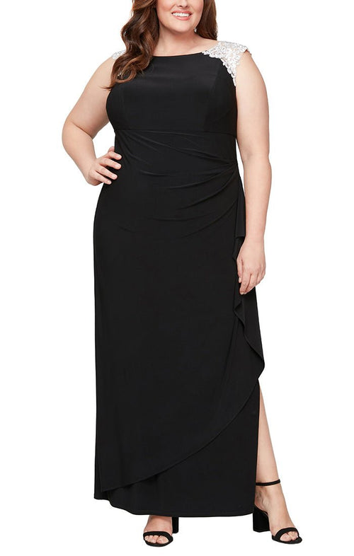 Plus Long Sleeveless Matte Jersey Dress with Embroidered Shoulder Detail - alexevenings.com