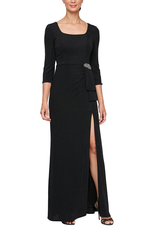 Plus Long Square Neck Dress with Embellishment Detail at Hip and 3/4 Sleeves - alexevenings.com