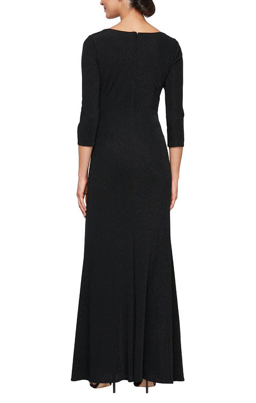 Plus Long Square Neck Dress with Embellishment Detail at Hip and 3/4 Sleeves - alexevenings.com