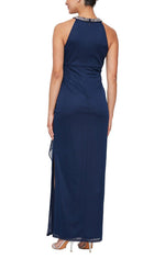 Plus Mesh Dress with Beaded Halter Style Neckline and Cascade Ruffle Detail Skirt - alexevenings.com
