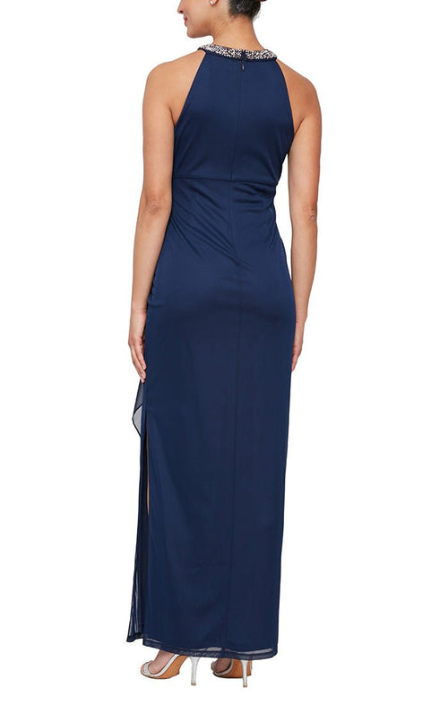 Plus Mesh Dress with Beaded Halter Style Neckline and Cascade Ruffle Detail Skirt - alexevenings.com