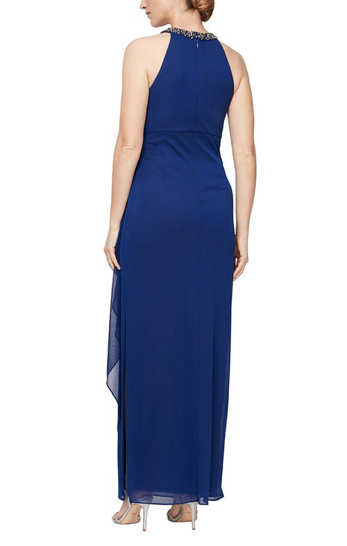 Plus Mesh Dress with Beaded Halter Style Neckline and Cascade Ruffle Detail Skirt - alexevenings.com