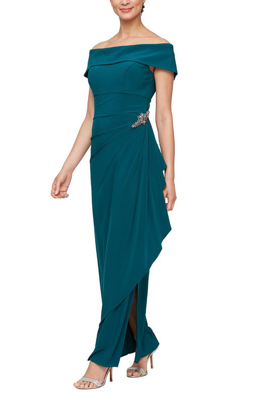 Plus Off The Shoulder Dress with Foldover Cuff, Embellishment Detail at Hip & Front Slit - alexevenings.com