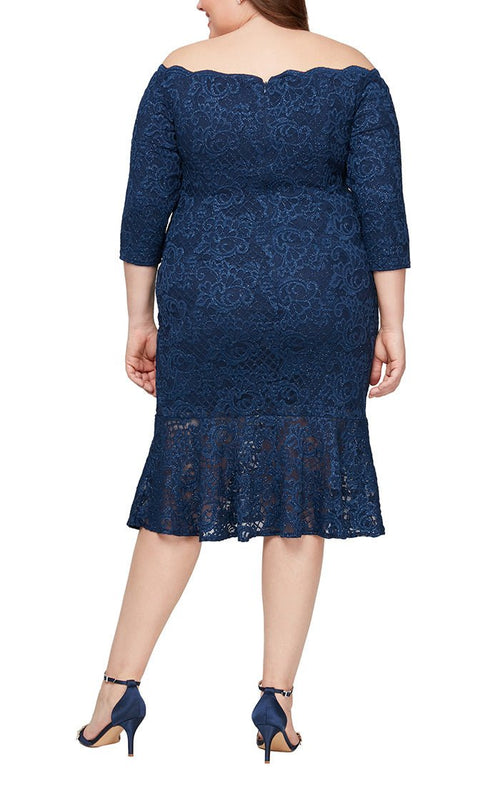 Plus Off the Shoulder Glitter Fit and Flare Dress with Scallop Detail Neckline - alexevenings.com
