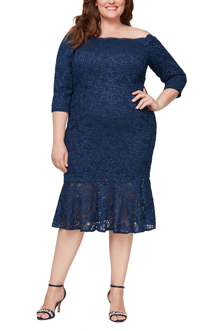 Plus Off the Shoulder Glitter Fit and Flare Dress with Scallop Detail Neckline - alexevenings.com