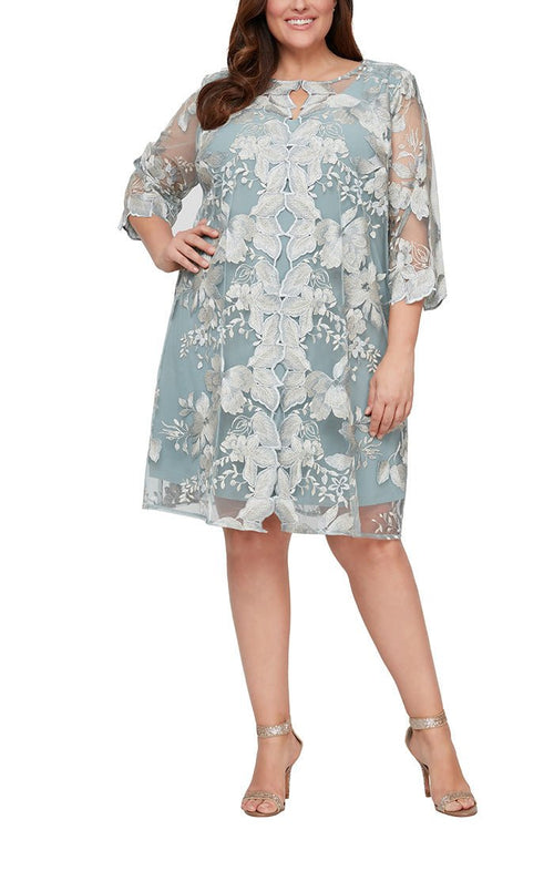 Plus Short Embroidered Elongated Lace Mock Jacket with Jersey Sheath Dress - alexevenings.com